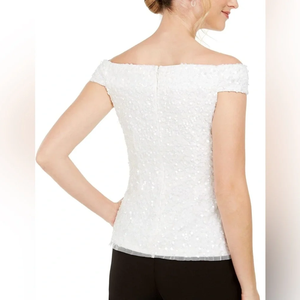 ADRIANNA PAPELL Womens Sequined Sleeveless Off Shoulder Party Top - Picture 2 of 10